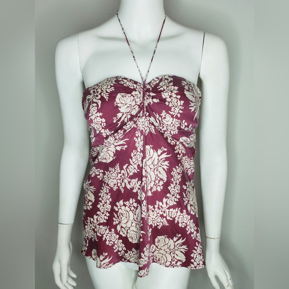 Floral Halter Top - Burgundy and Cream